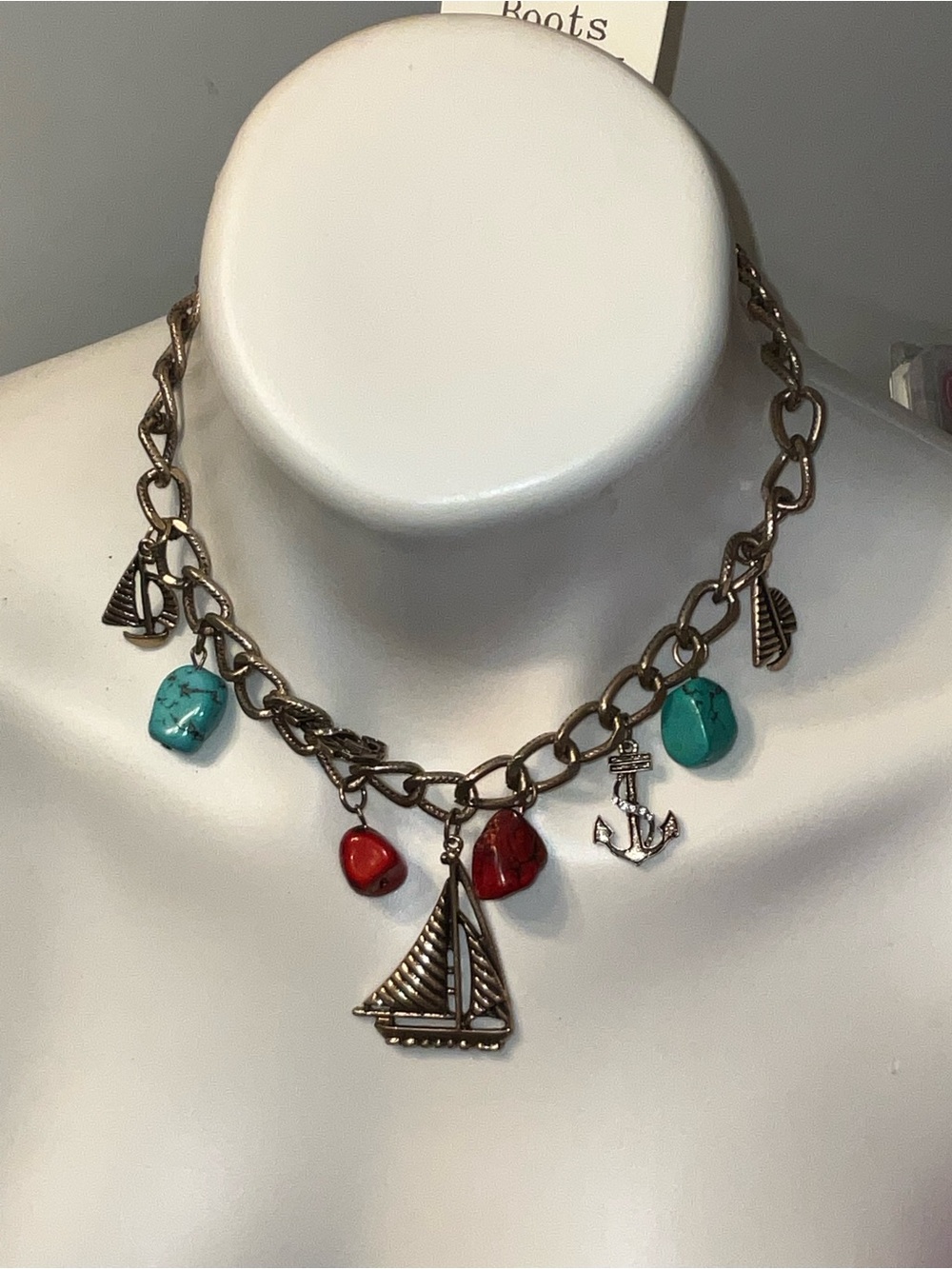 Nautical Charm Necklace with Turquoise & Red Beads NEW BOOTS JEWELRY COLLECTION